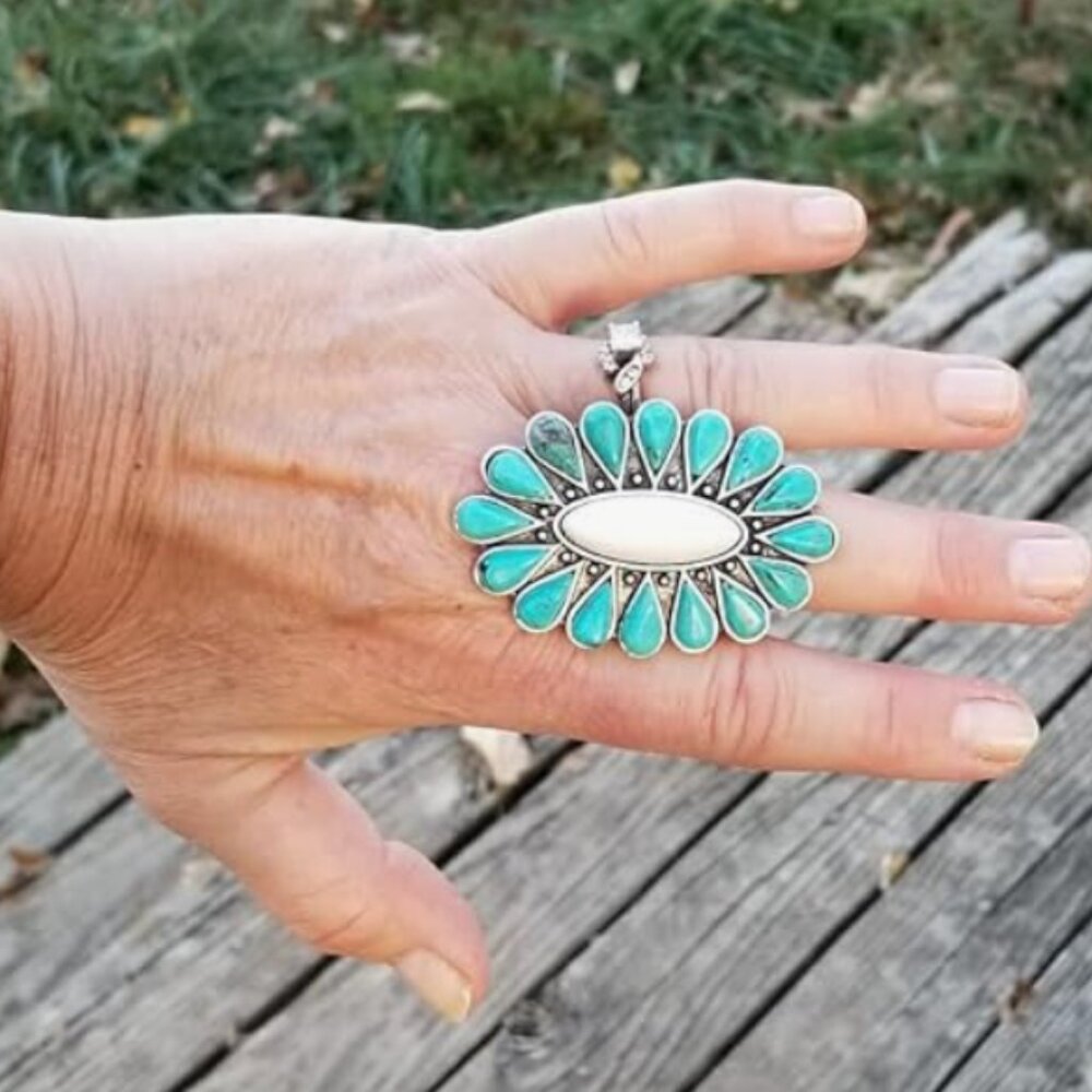 Flower White and Turquoise Statement Resizable Ring